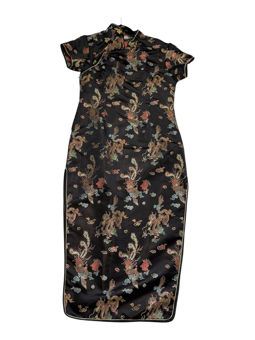 Black Floral Satin Cheongsam Dress